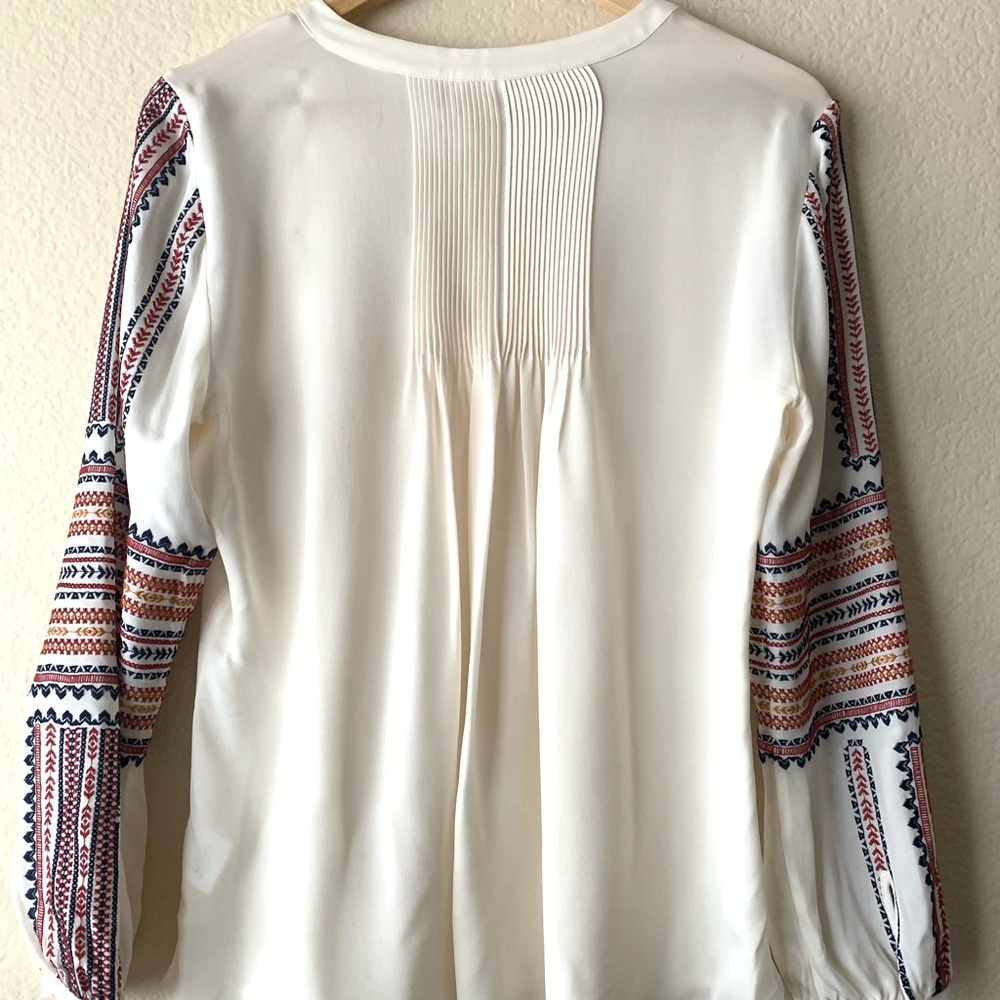 Veronica Beard Cream V-Neck Blouse with Multicolor Embroidered Sleeves - Picture 2 of 6